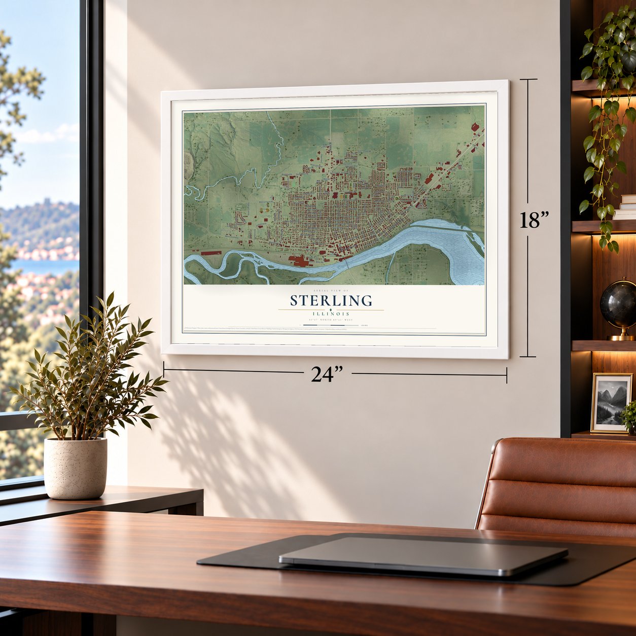 Sterling, Illinois map, 18 x 24 inch print in a white frame in a home office