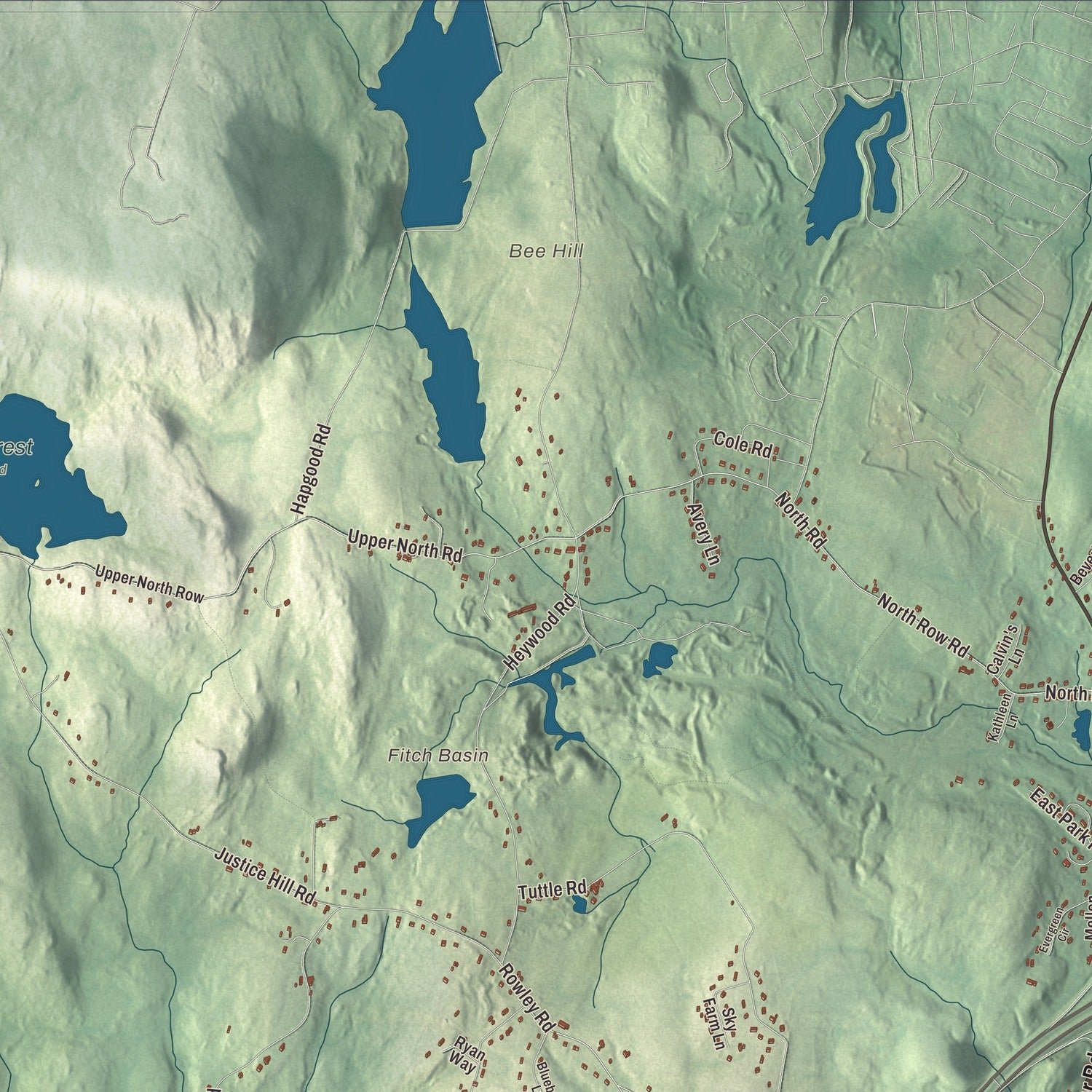 Close-up of the map of Sterling, Massachusetts print showing terrain and local geography