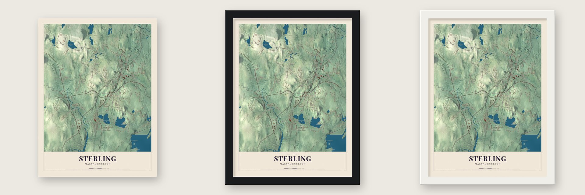 Sterling, Massachusetts map unframed, in a black wood frame and in a white wood frame