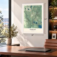 Sterling, Massachusetts map, 18 x 24 inch print in a white frame in a home office