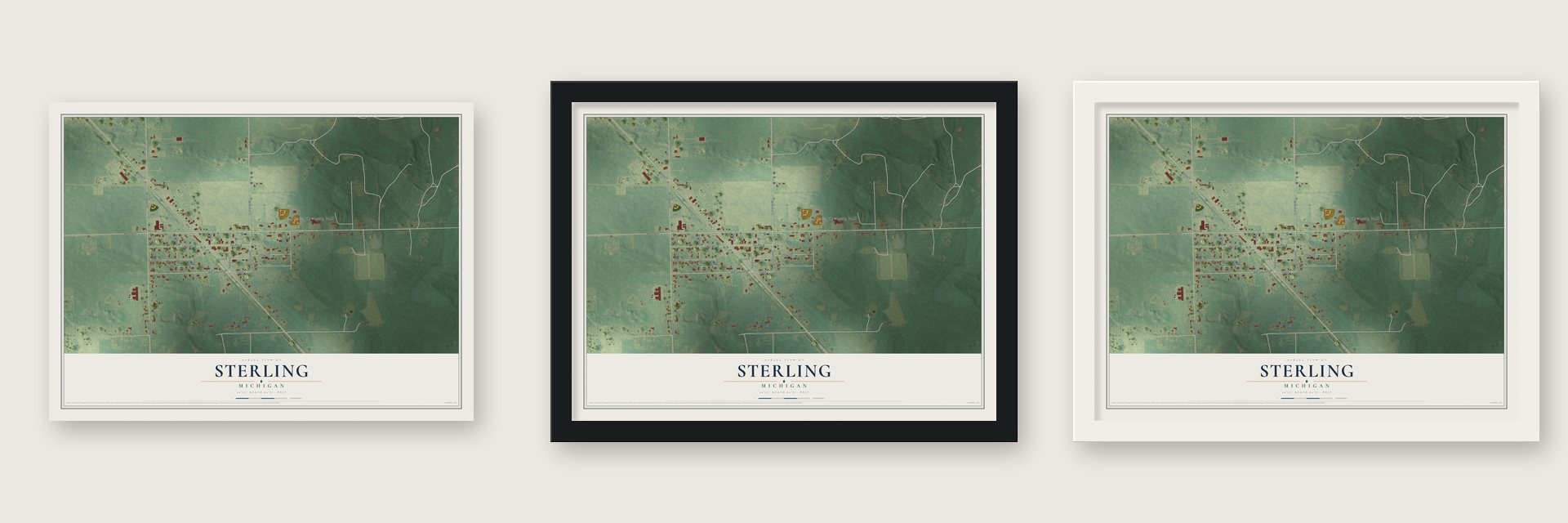 Sterling, Michigan map unframed, in a black wood frame and in a white wood frame