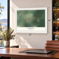 Sterling, Michigan map, 18 x 24 inch print in a white frame in a home office
