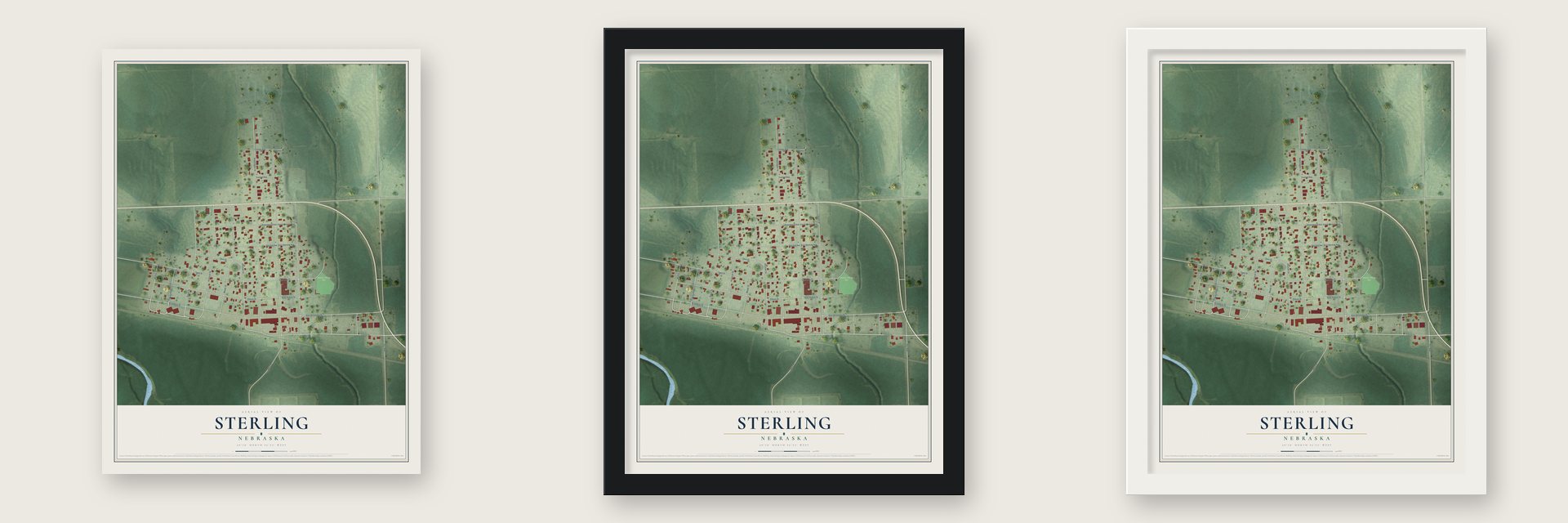 Sterling, Nebraska map unframed, in a black wood frame and in a white wood frame