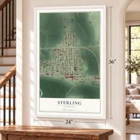 Sterling, Nebraska map, 24 x 36 inch print in a white frame by a staircase