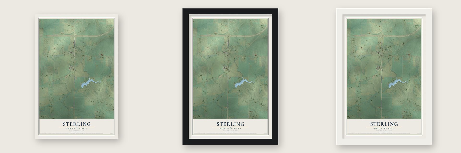 Sterling, North Dakota map unframed, in a black wood frame and in a white wood frame