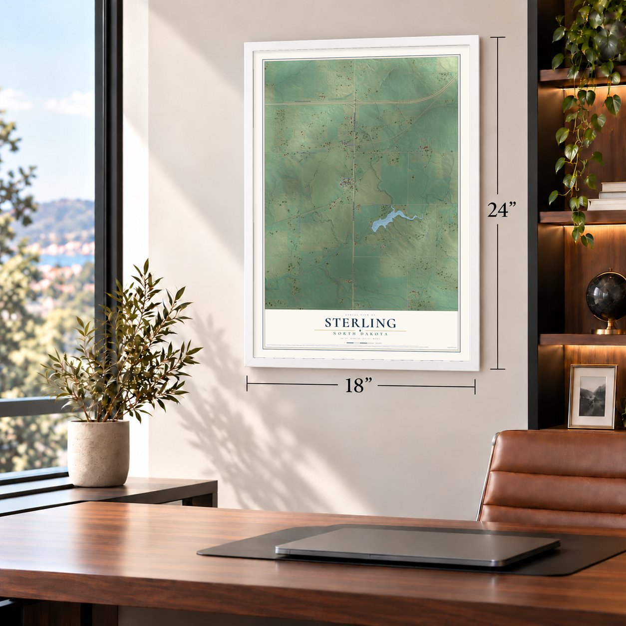 Sterling, North Dakota map, 18 x 24 inch print in a white frame in a home office