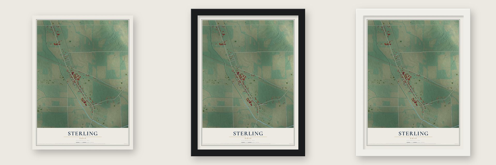 Sterling, Ohio map unframed, in a black wood frame and in a white wood frame