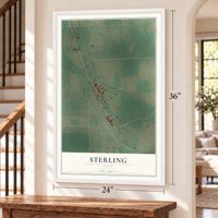 Sterling, Ohio map, 24 x 36 inch print in a white frame by a staircase