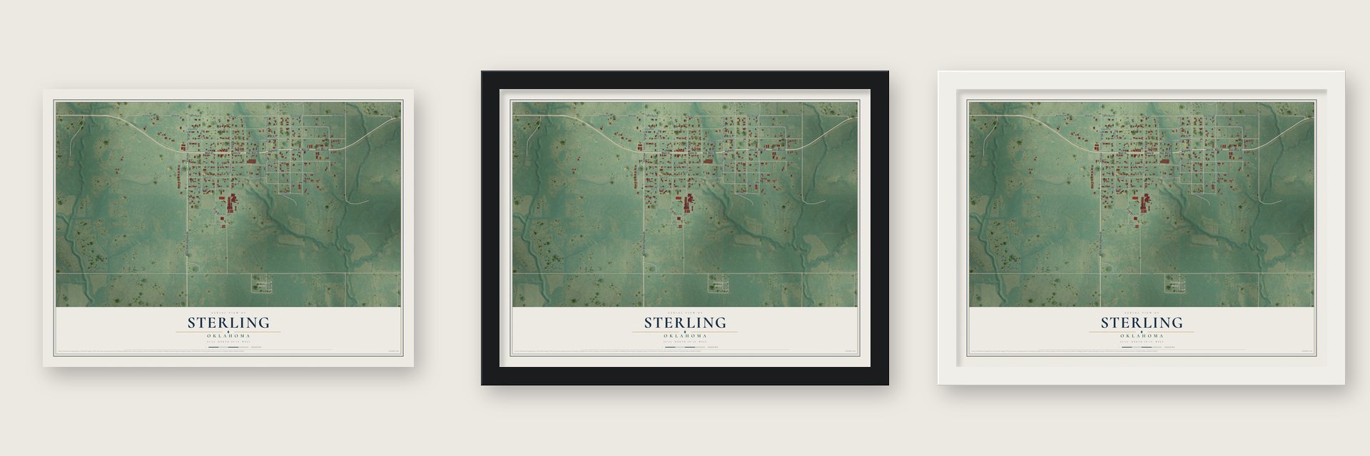 Sterling, Oklahoma map unframed, in a black wood frame and in a white wood frame