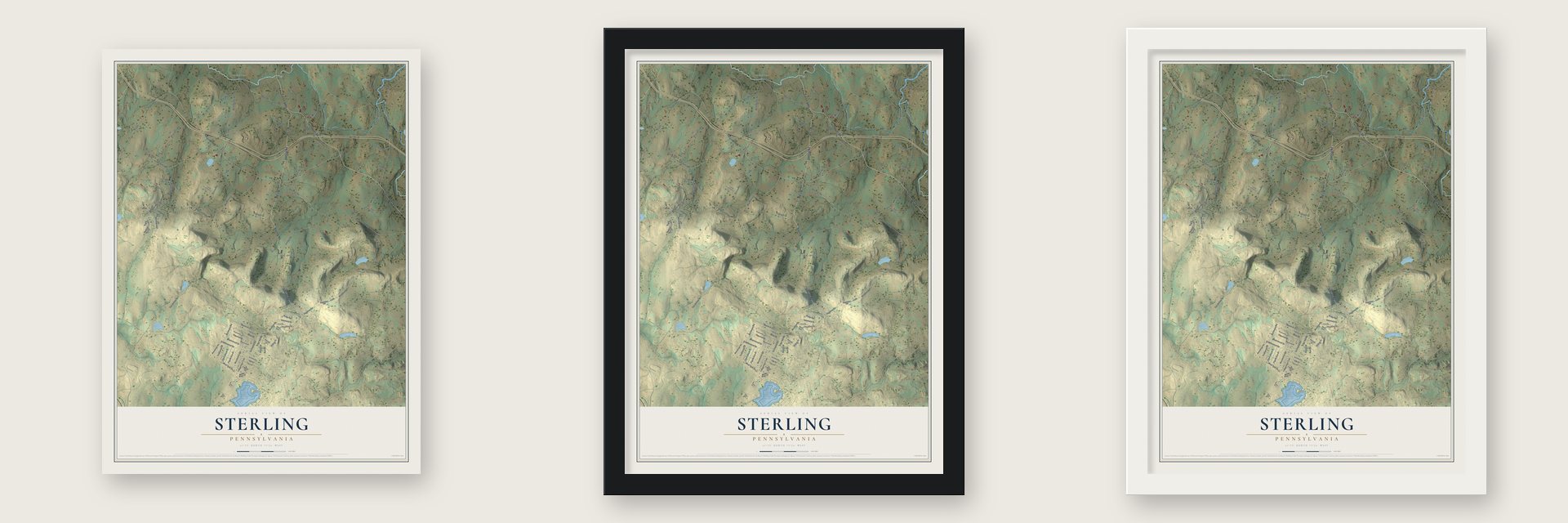 Sterling, Pennsylvania map unframed, in a black wood frame and in a white wood frame