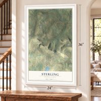 Sterling, Pennsylvania map, 24 x 36 inch print in a white frame by a staircase
