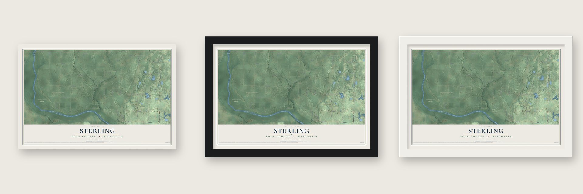 Sterling, Polk County, Wisconsin map unframed, in a black wood frame and in a white wood frame