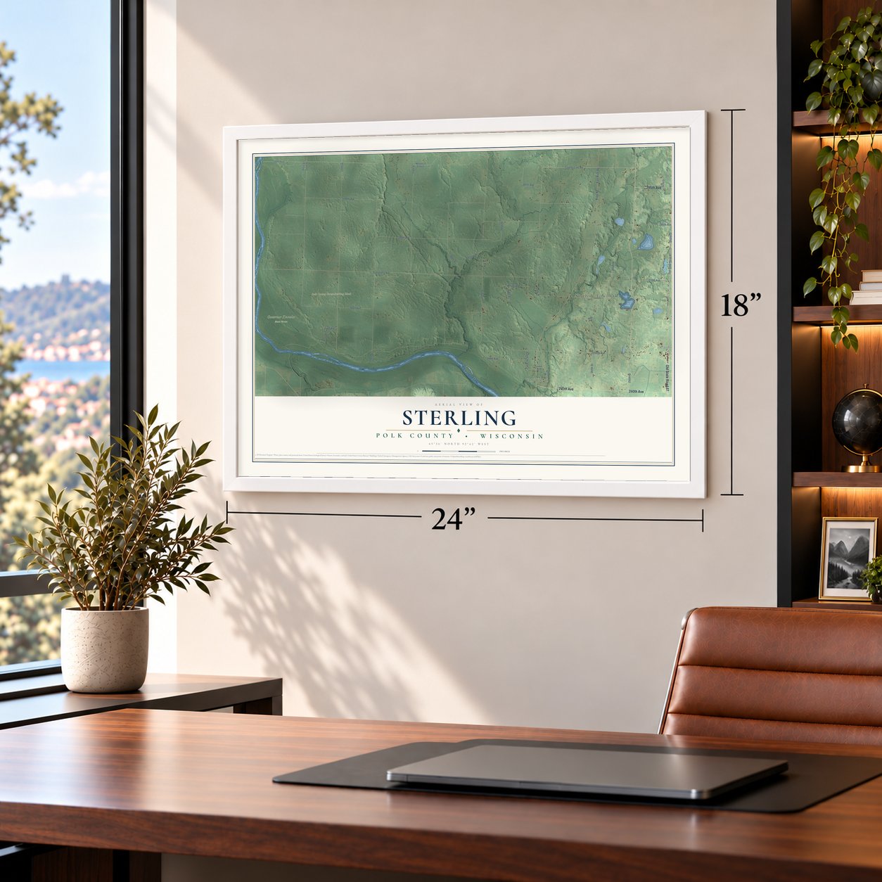Sterling, Polk County, Wisconsin map, 18 x 24 inch print in a white frame in a home office
