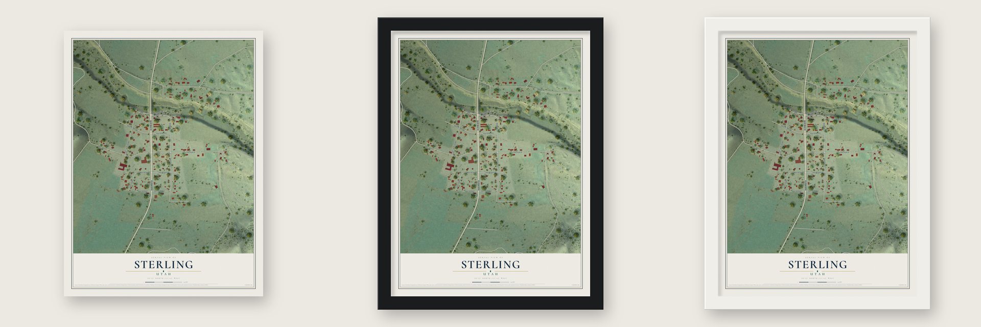Sterling, Utah map unframed, in a black wood frame and in a white wood frame