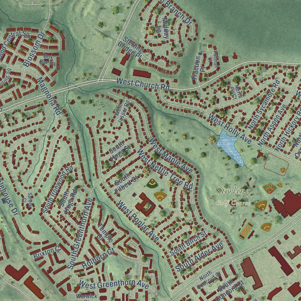 Second close-up of the map of Sterling, Virginia print showing more streets and buildings