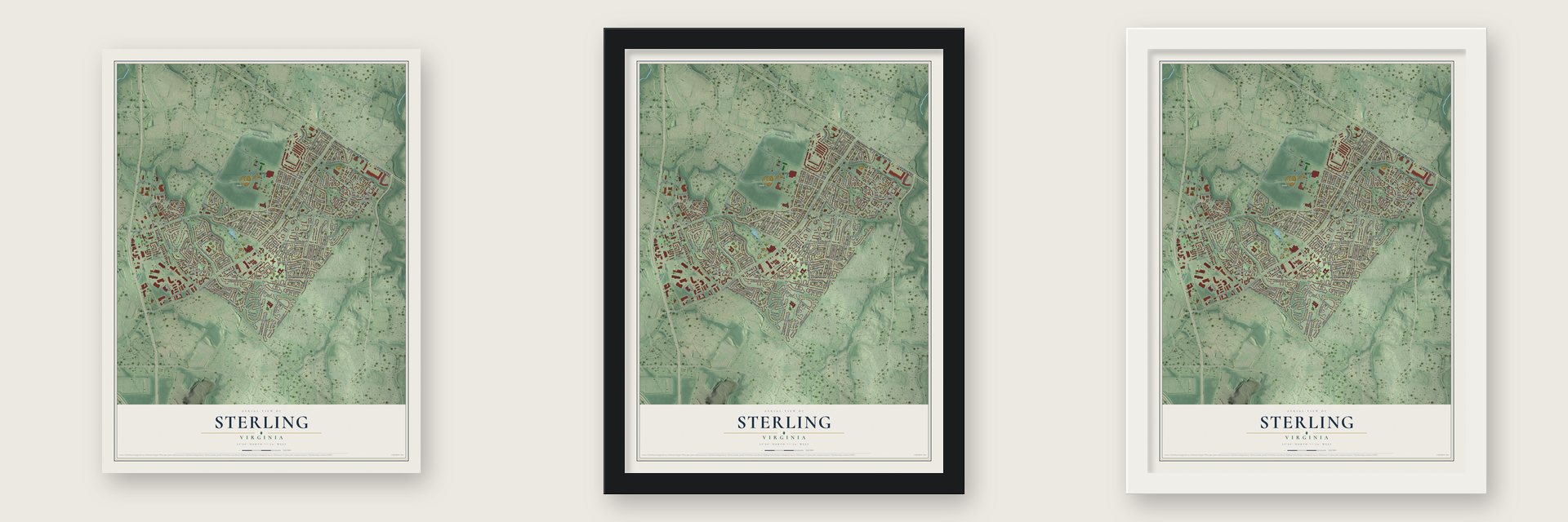 Sterling, Virginia map unframed, in a black wood frame and in a white wood frame