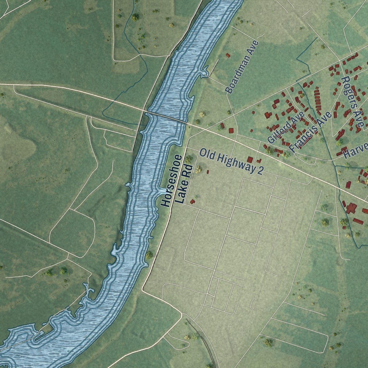 Second close-up of the map of Sterlington, Louisiana print showing more streets and buildings