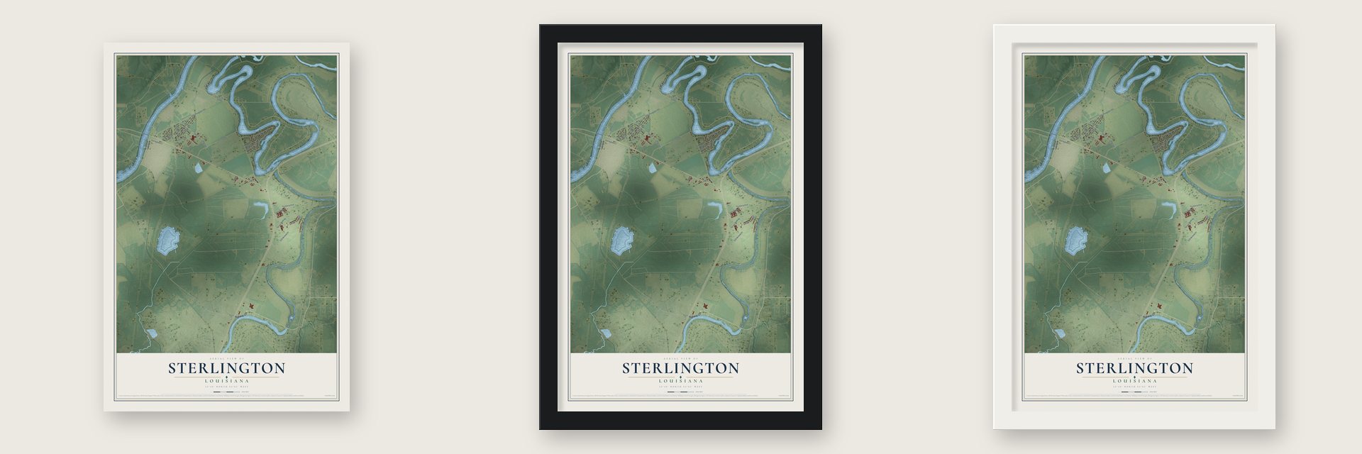 Sterlington, Louisiana map unframed, in a black wood frame and in a white wood frame