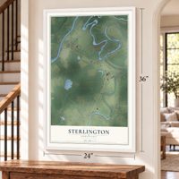 Sterlington, Louisiana map, 24 x 36 inch print in a white frame by a staircase