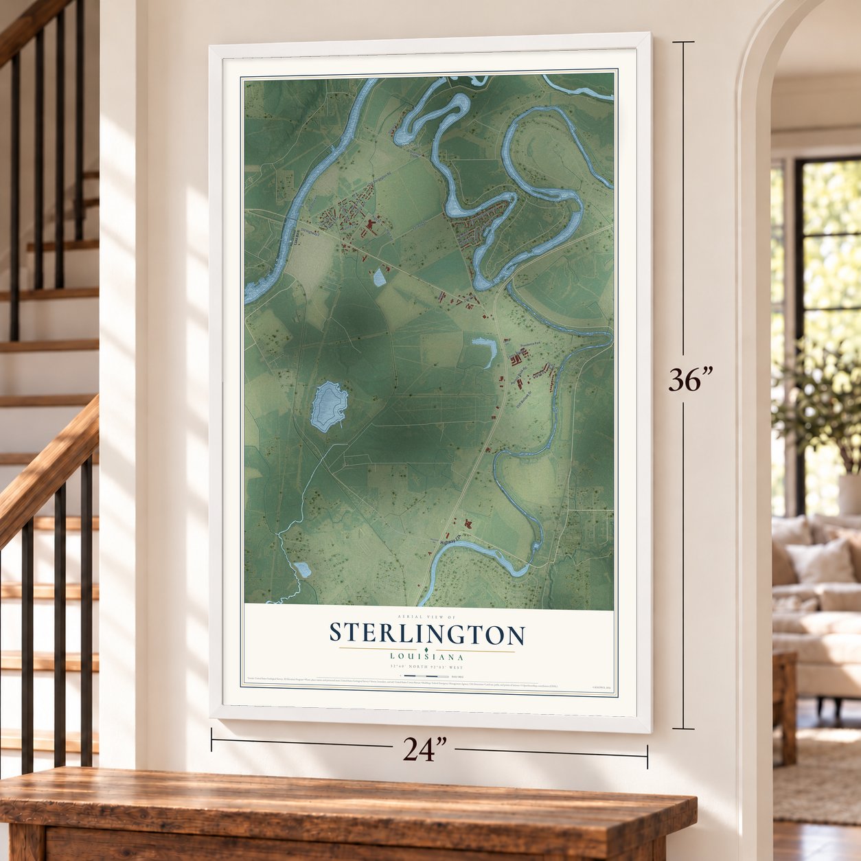 Sterlington, Louisiana map, 24 x 36 inch print in a white frame by a staircase