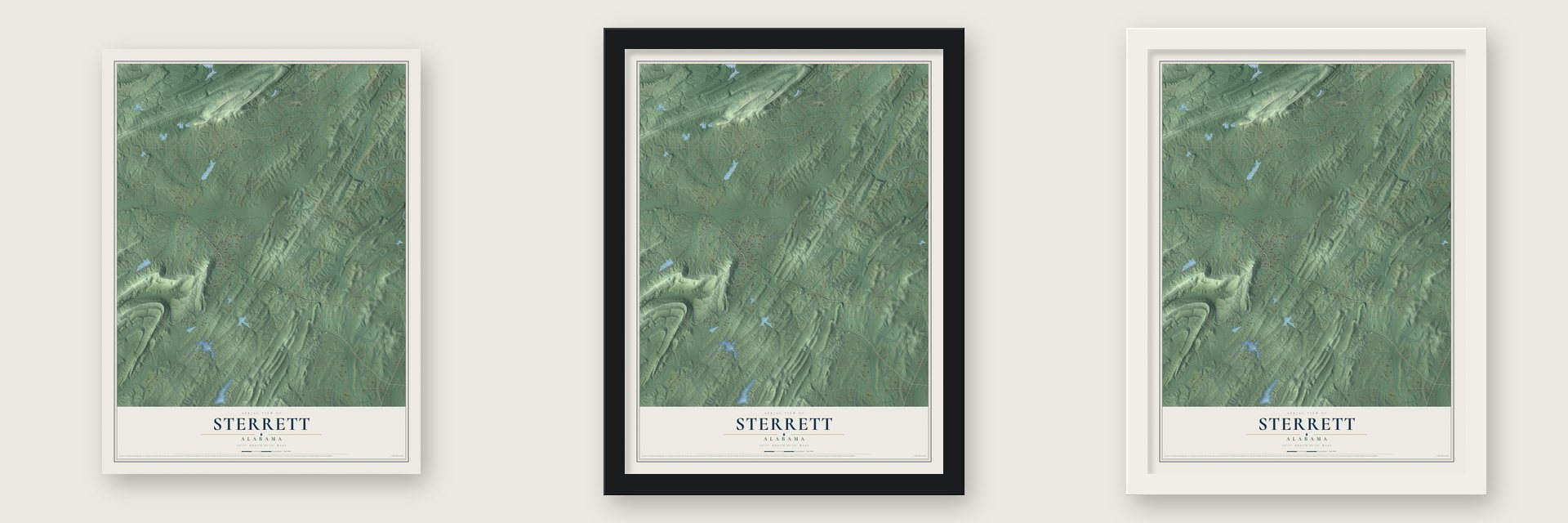 Sterrett, Alabama map unframed, in a black wood frame and in a white wood frame