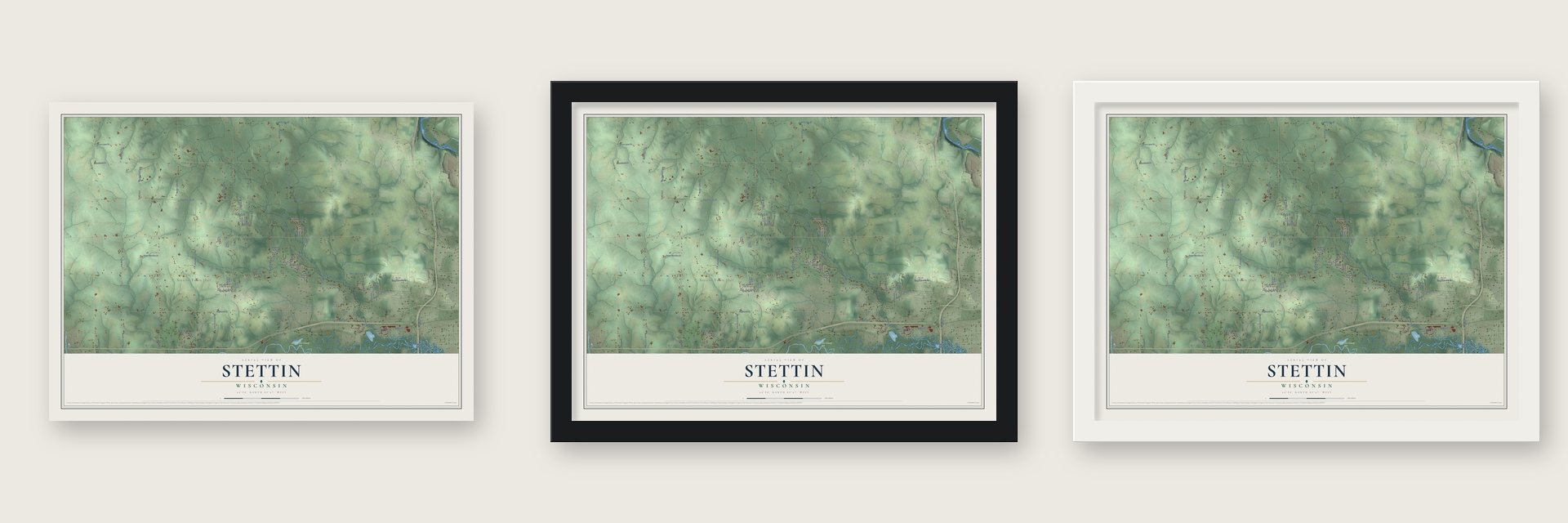 Stettin, Wisconsin map unframed, in a black wood frame and in a white wood frame