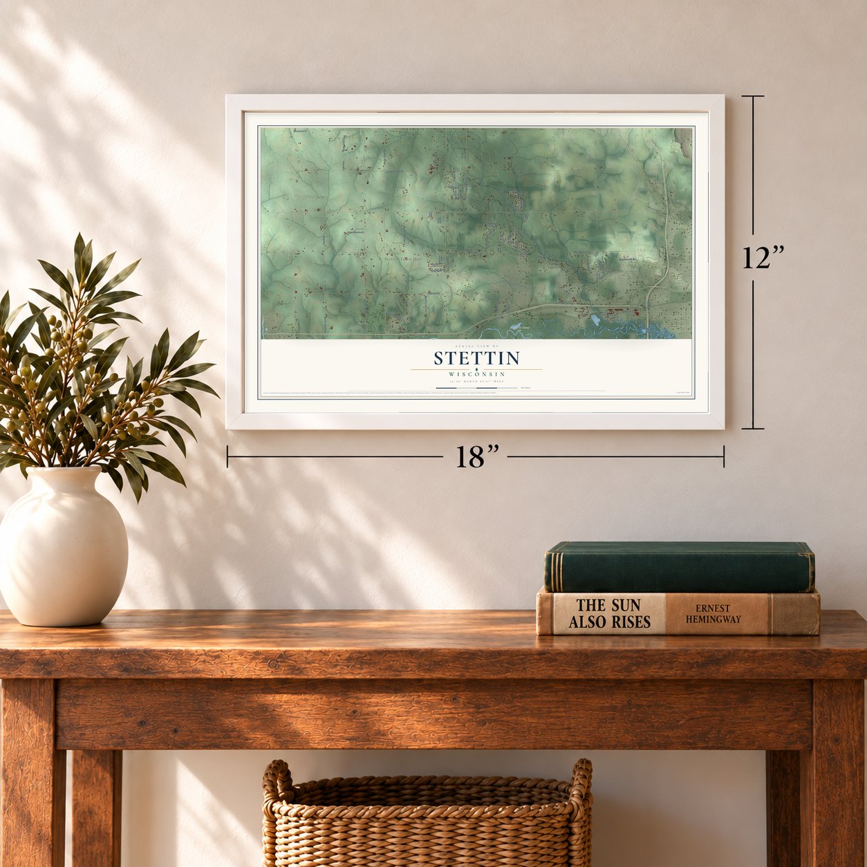 Stettin, Wisconsin map, 12 x 18 inch print in a white frame in an entryway