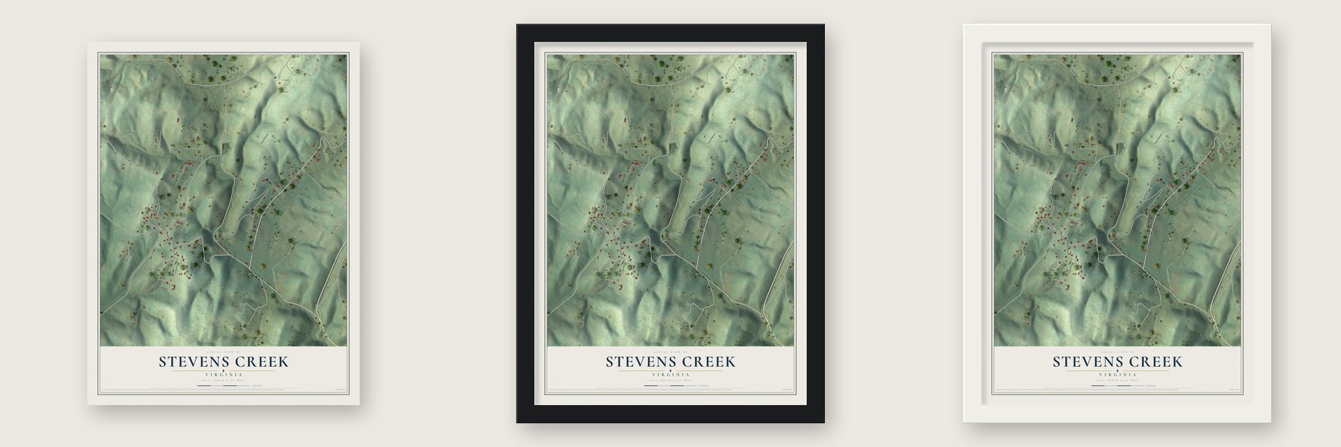 Stevens Creek, Virginia map unframed, in a black wood frame and in a white wood frame