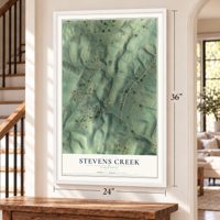 Stevens Creek, Virginia map, 24 x 36 inch print in a white frame by a staircase