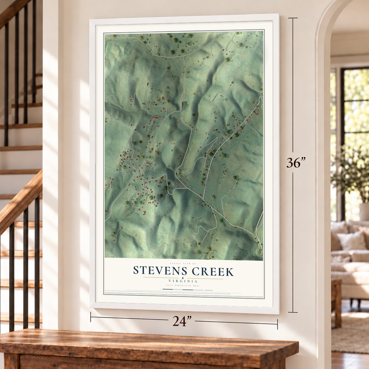 Stevens Creek, Virginia map, 24 x 36 inch print in a white frame by a staircase