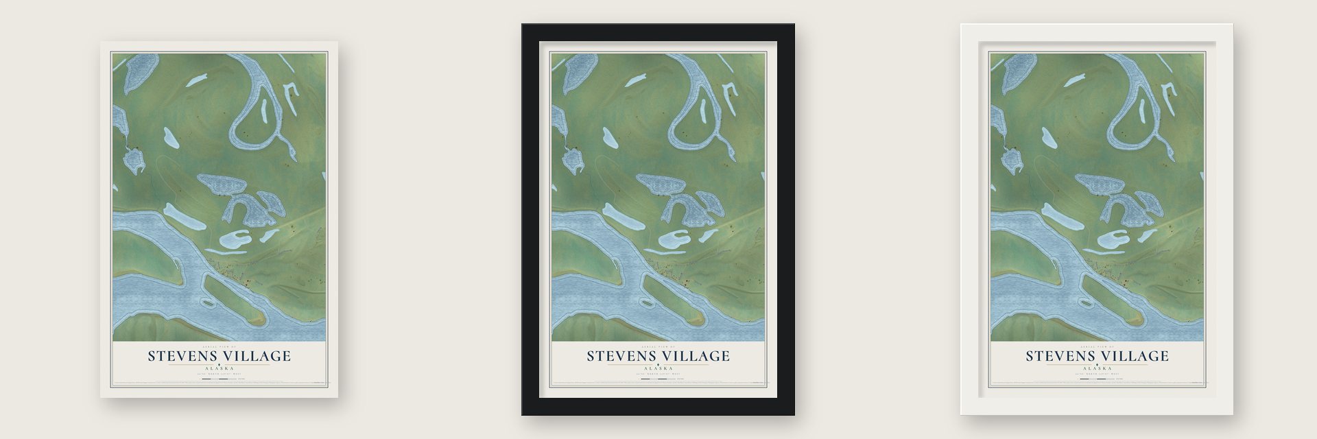 Stevens Village, Alaska map unframed, in a black wood frame and in a white wood frame