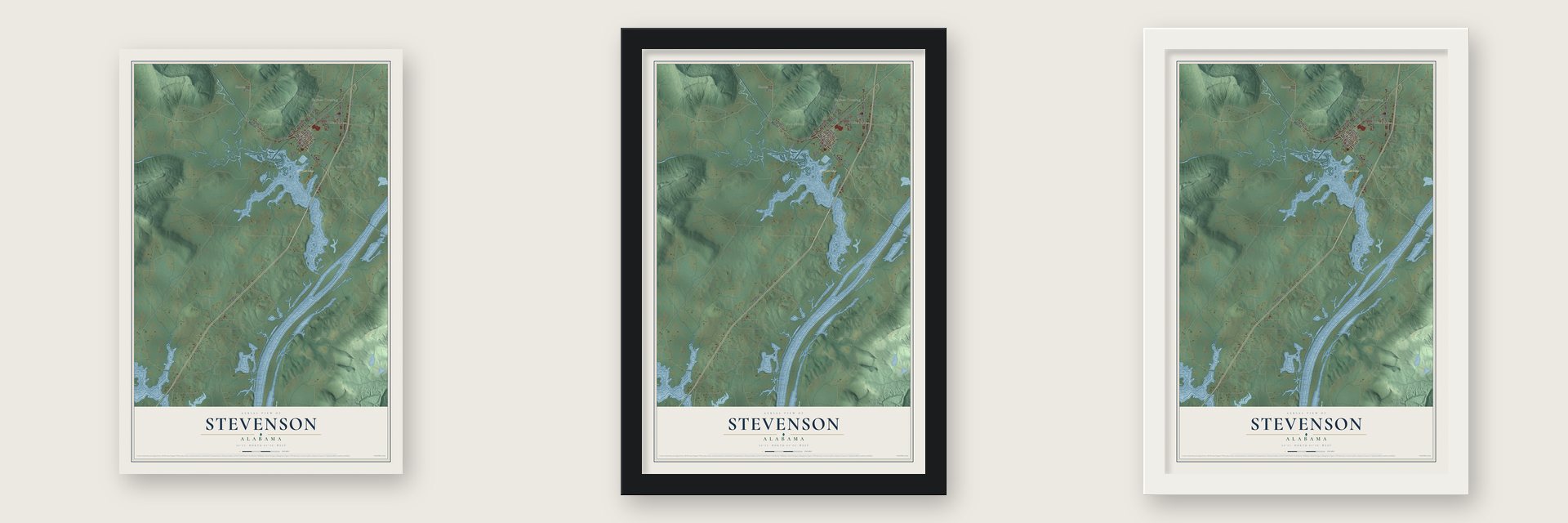 Stevenson, Alabama map unframed, in a black wood frame and in a white wood frame