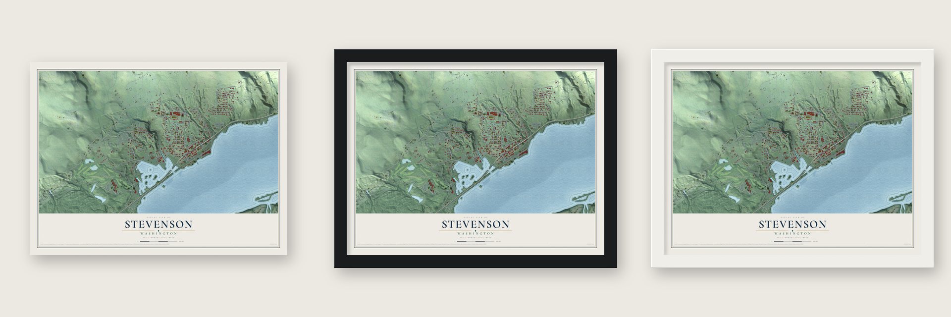 Stevenson, Washington map unframed, in a black wood frame and in a white wood frame