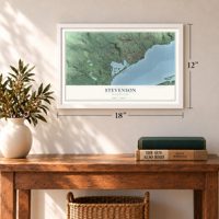 Stevenson, Washington map, 12 x 18 inch print in a white frame in an entryway