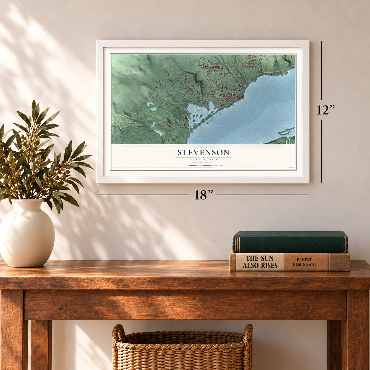 Stevenson, Washington map, 12 x 18 inch print in a white frame in an entryway