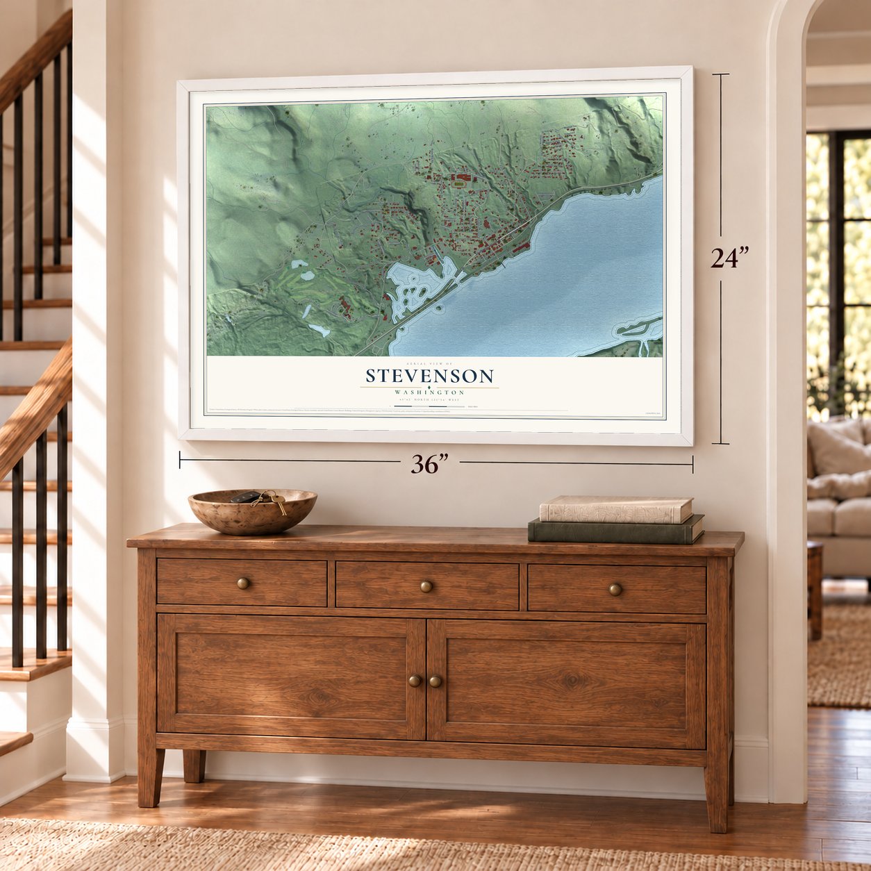 Stevenson, Washington map, 24 x 36 inch print in a white frame above a dresser by a staircase