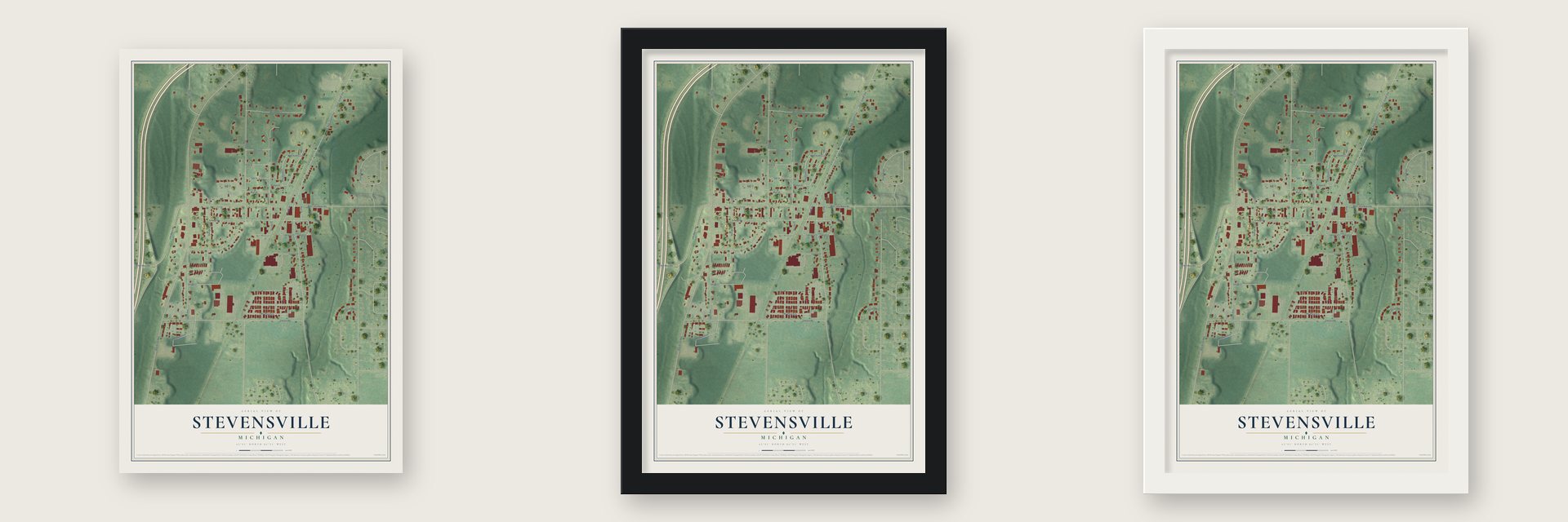 Stevensville, Michigan map unframed, in a black wood frame and in a white wood frame