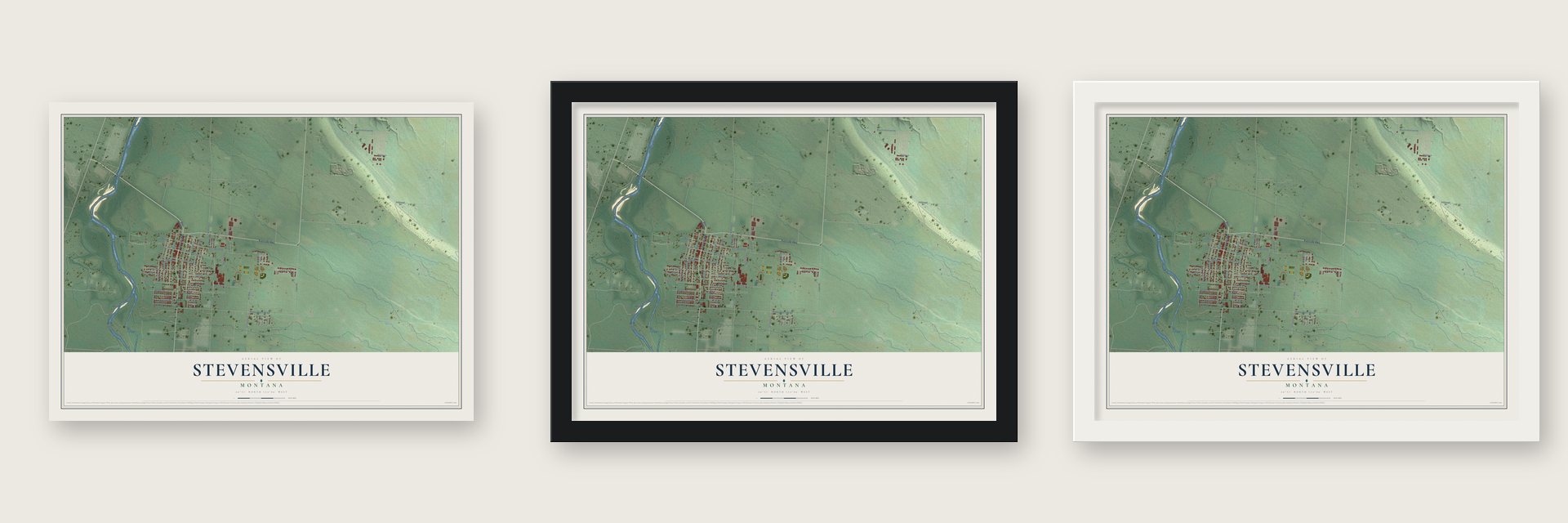Stevensville, Montana map unframed, in a black wood frame and in a white wood frame