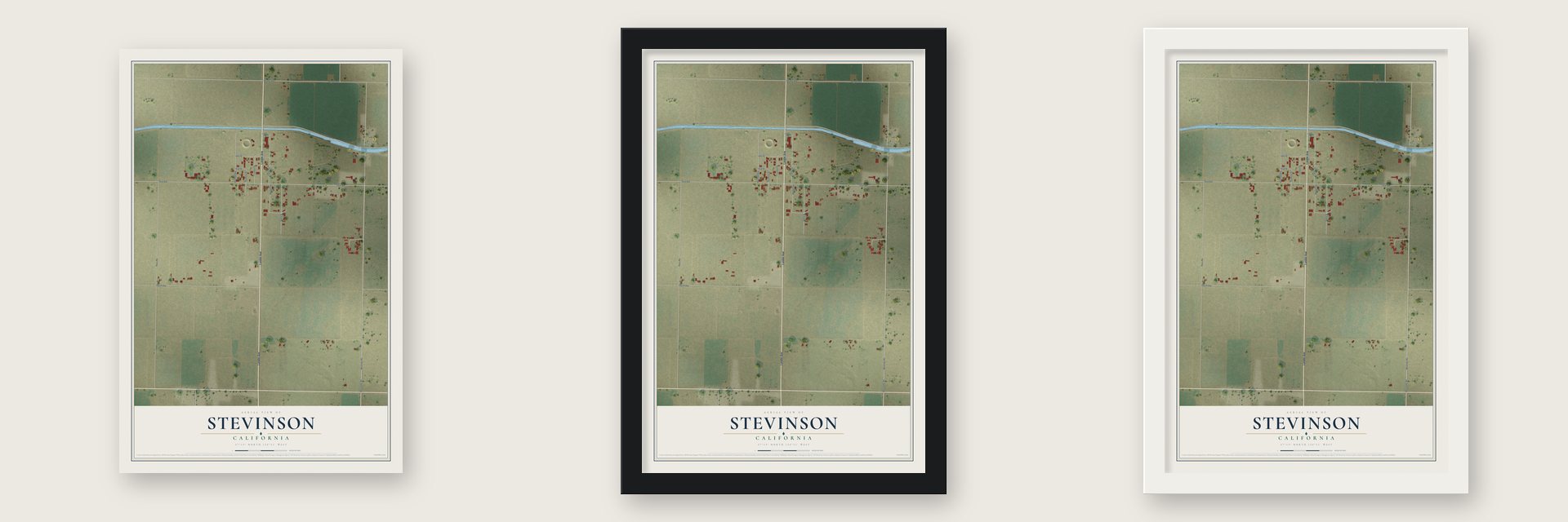 Stevinson, California map unframed, in a black wood frame and in a white wood frame