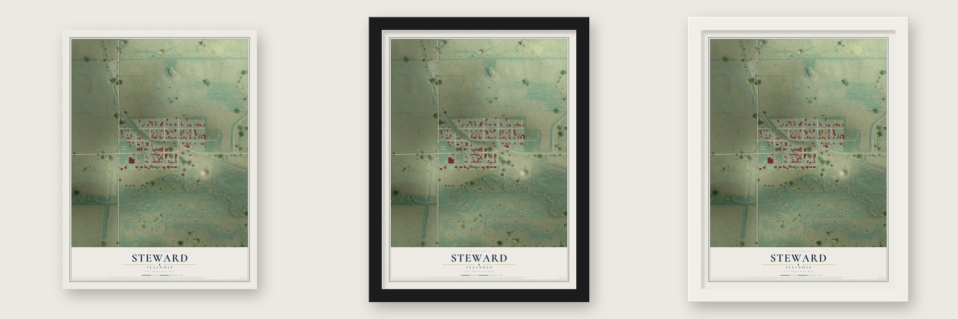 Steward, Illinois map unframed, in a black wood frame and in a white wood frame