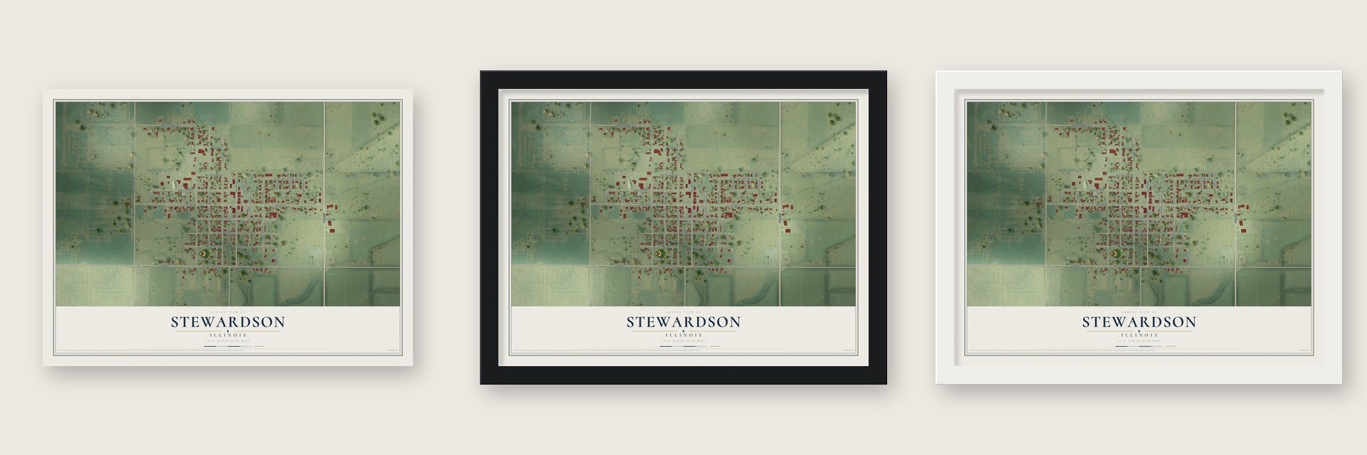 Stewardson, Illinois map unframed, in a black wood frame and in a white wood frame