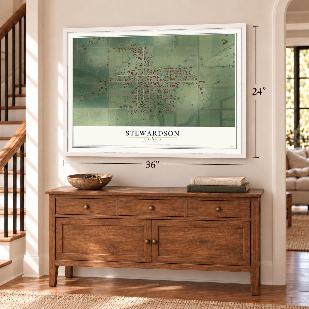 Stewardson, Illinois map, 24 x 36 inch print in a white frame above a dresser by a staircase