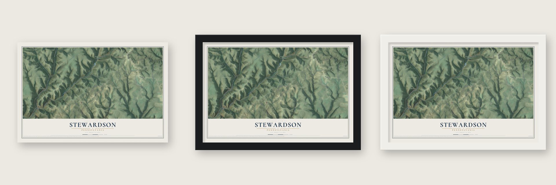 Stewardson, Pennsylvania map unframed, in a black wood frame and in a white wood frame