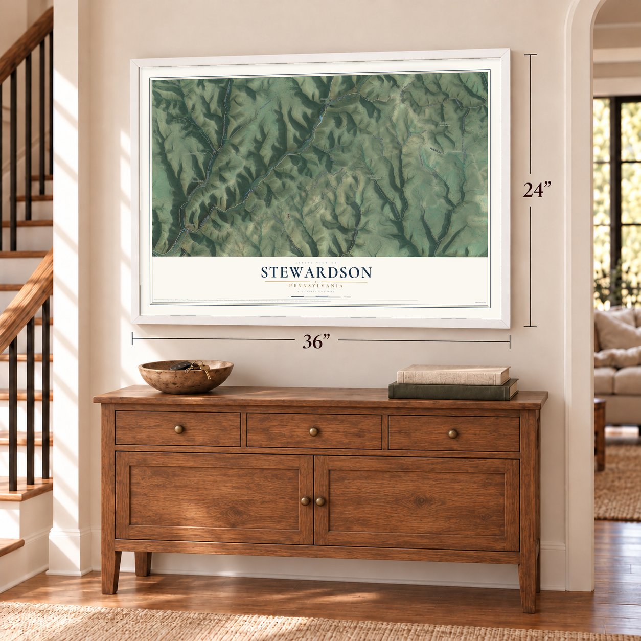Stewardson, Pennsylvania map, 24 x 36 inch print in a white frame above a dresser by a staircase