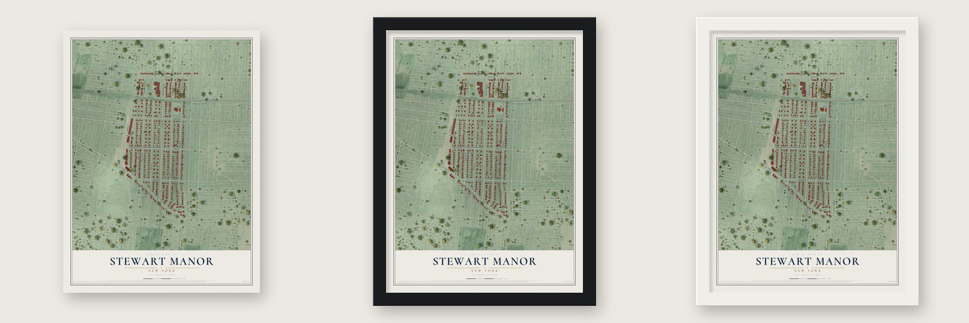 Stewart Manor, New York map unframed, in a black wood frame and in a white wood frame