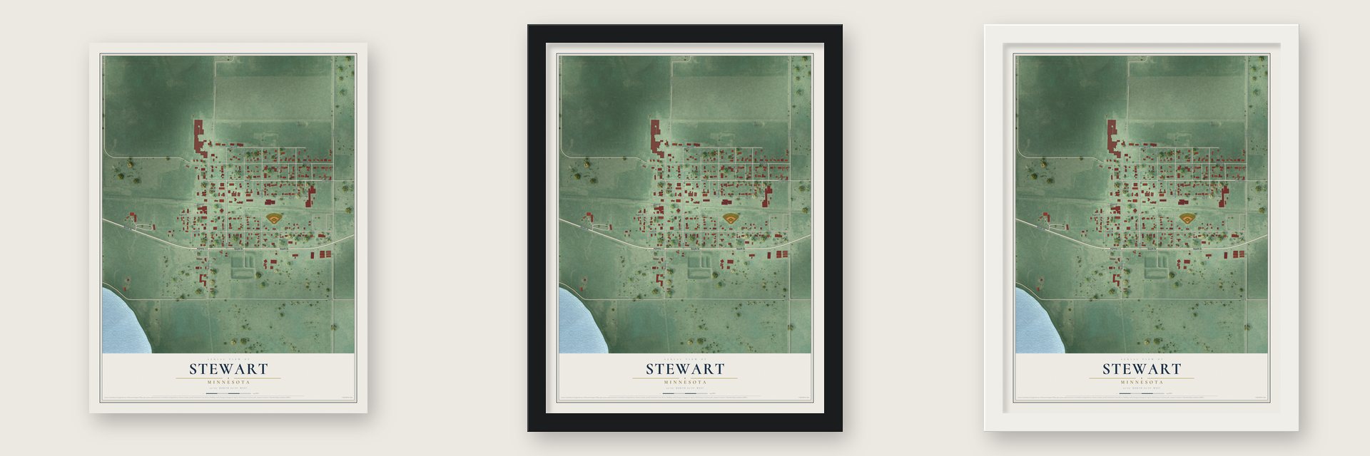 Stewart, Minnesota map unframed, in a black wood frame and in a white wood frame