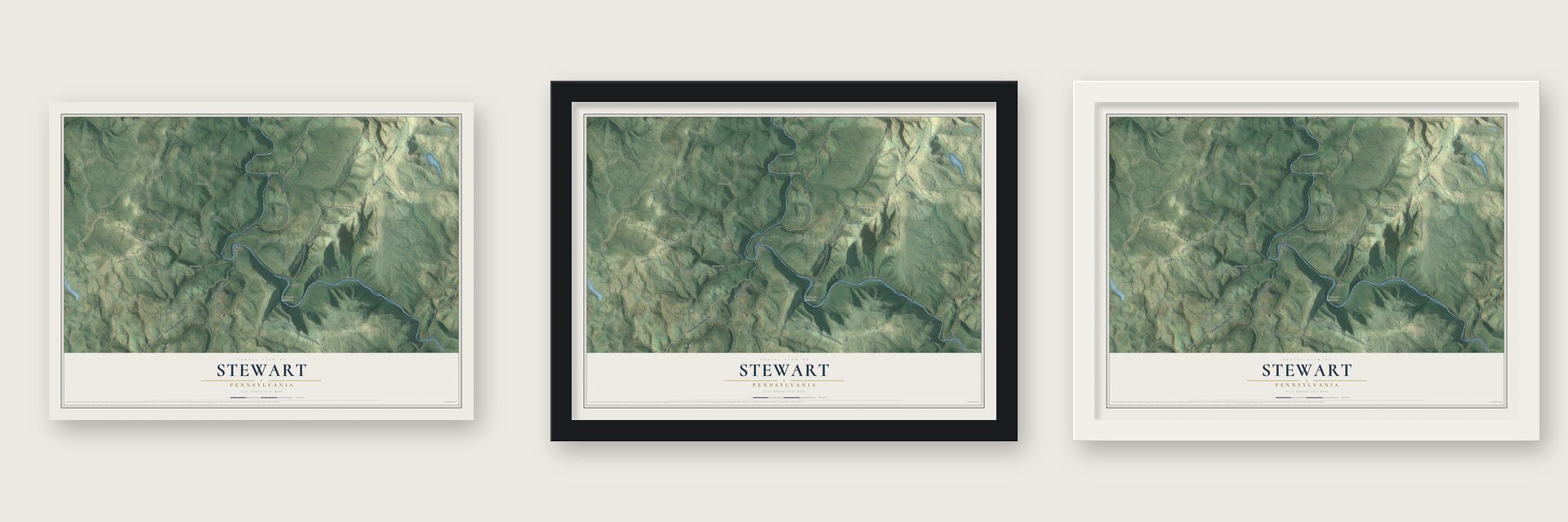 Stewart, Pennsylvania map unframed, in a black wood frame and in a white wood frame
