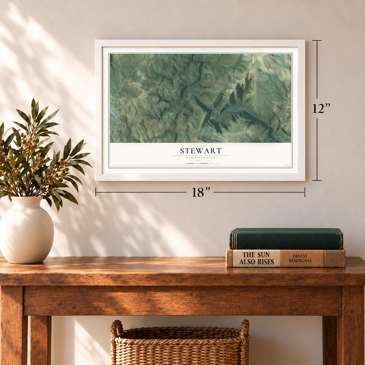 Stewart, Pennsylvania map, 12 x 18 inch print in a white frame in an entryway