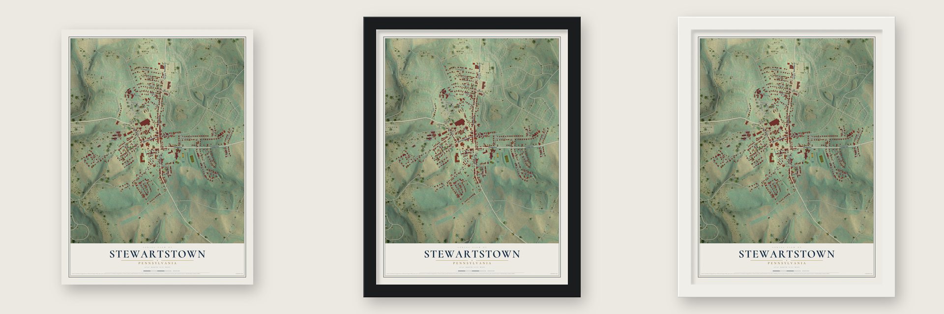 Stewartstown, Pennsylvania map unframed, in a black wood frame and in a white wood frame
