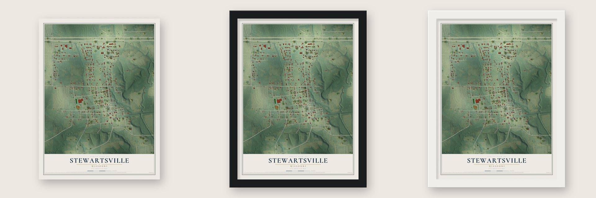 Stewartsville, Missouri map unframed, in a black wood frame and in a white wood frame